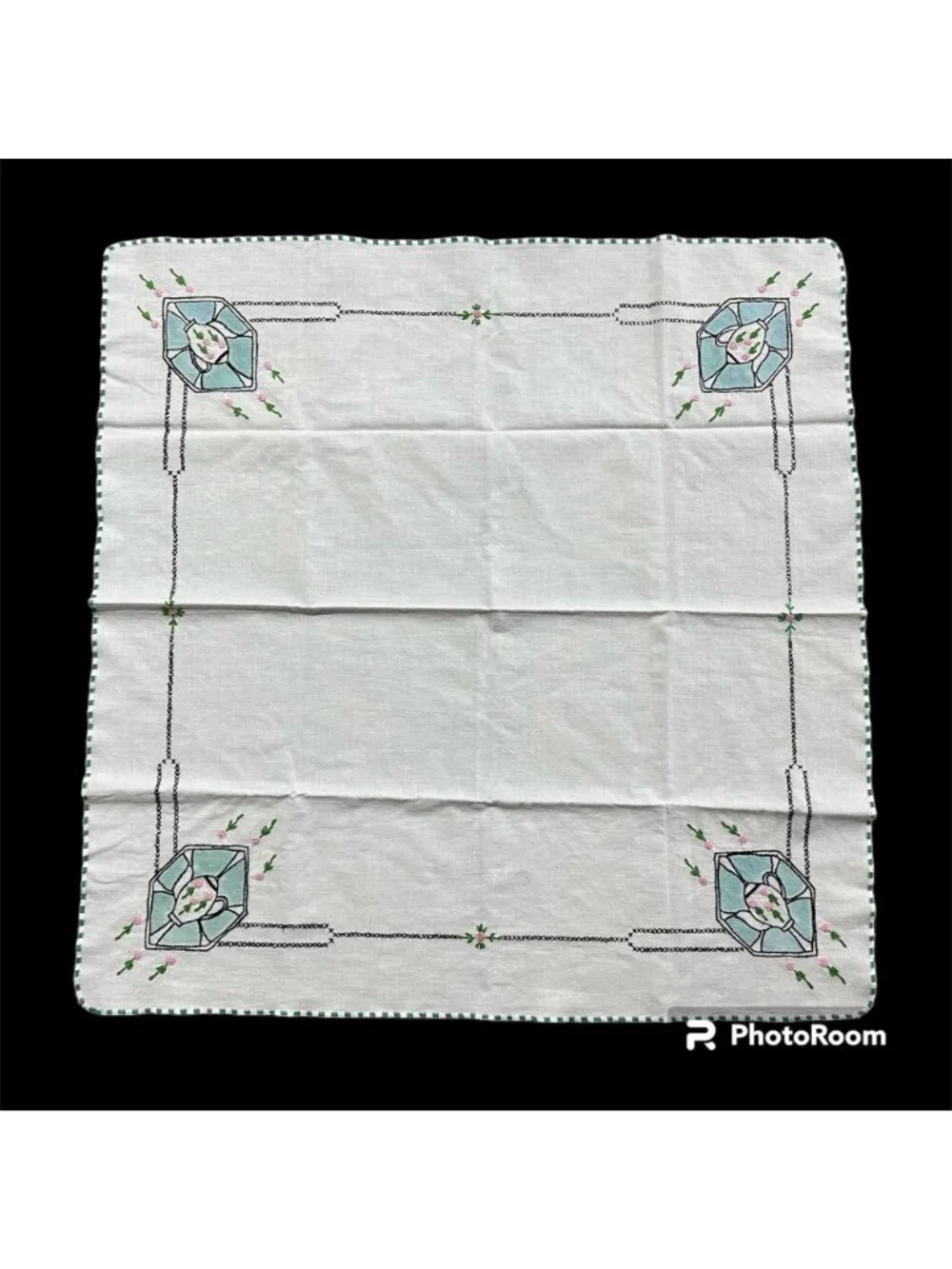 Vintage Tablecloth Napkins Set Handmade Embroidery Pink Flowers Art Deco Style